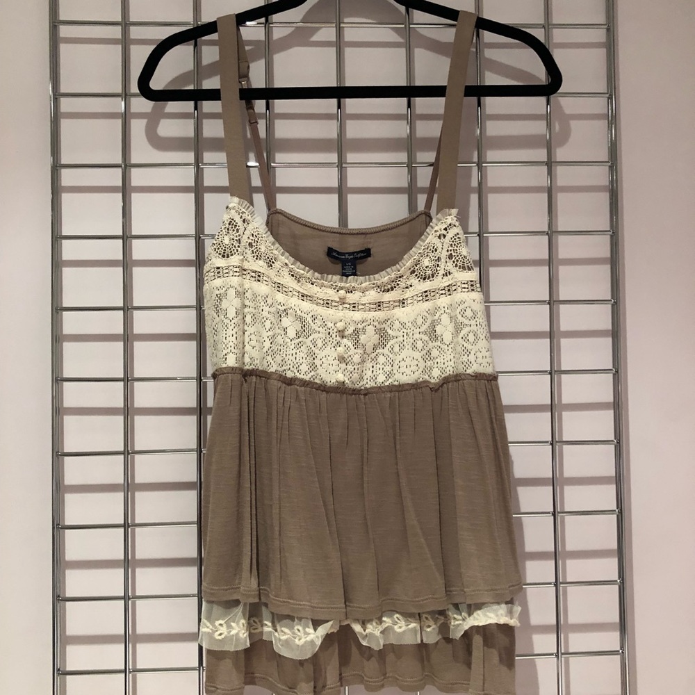AMERICAN EAGLE brown & white lace tank top